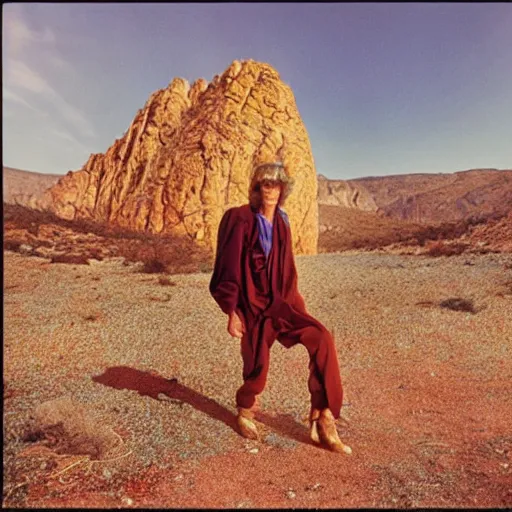 Image similar to mick jagger dressed in golden costume with jewels in a dry rocky desert landscape, visible sky and sunny atmosphere, fata morgana by alejandro jodorowsky, anamorphic lens, kodakchrome, 8 k -