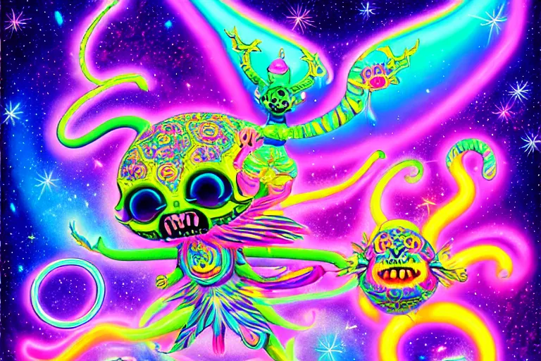 Prompt: lisa frank illustration of rebulon the cute ancient demon, by lisa frank, masterpiece concept art, 8 k, intricate detail, cinematic lighting, epic pose, bright colors