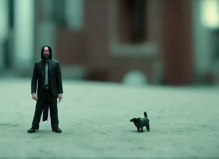 Image similar to cinematic screenshot cinestill portrait of a stop motion claymation film, john wick, in focus, shallow depth of field, 1 8 mm, f 1. 8, sharp details