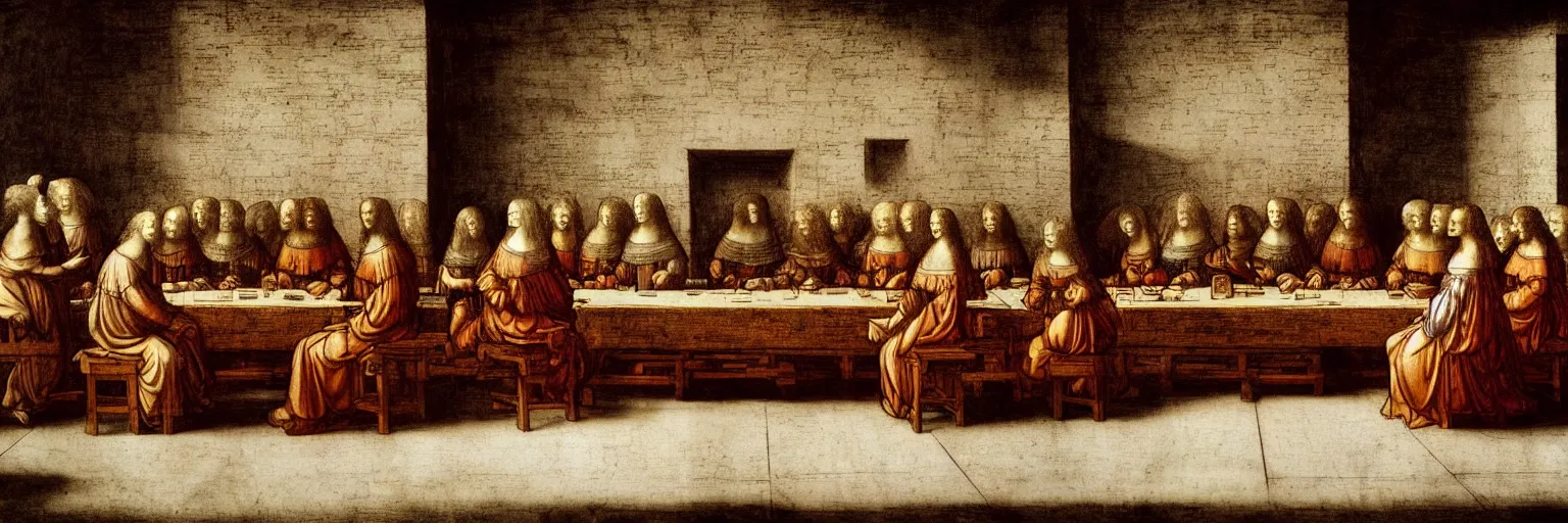 Prompt: a beautiful Leonardo Davinci illustration of a table where smart people sit and listen to a TED lecture