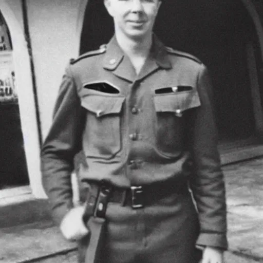 Image similar to Rick Astley as a soldier during WW2, grainy monocolour photo