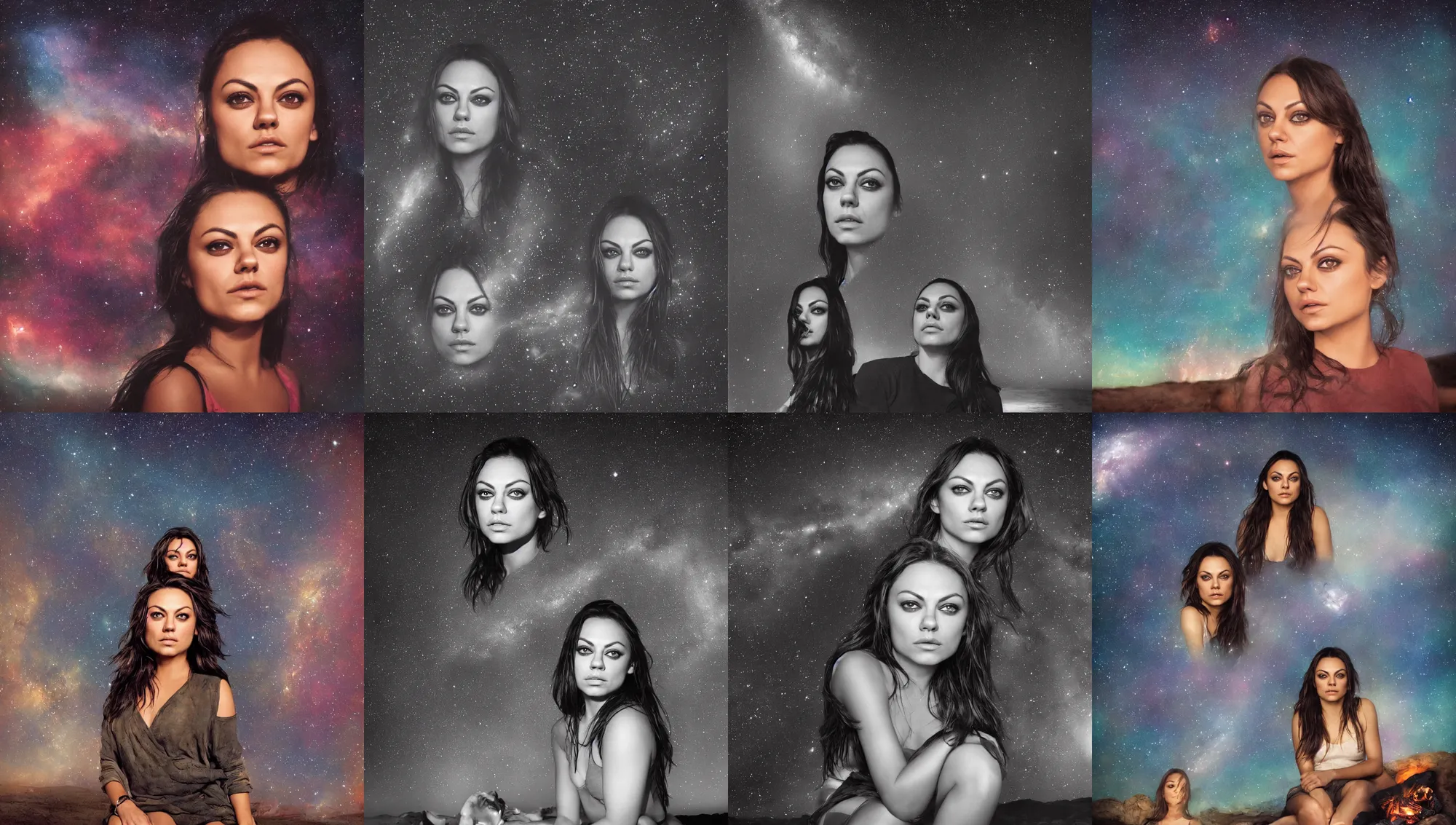 Prompt: face portrait of mila kunis sitting next to a beach campfire at night, stars, nebula, 1 9 5 0