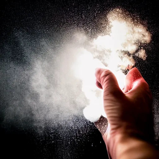 Prompt: closeup photo of one dough ball hovering in the air between the baker's hands, above a bench, flour dust flying, live fire on black background, backlight, dramatic lighting, vibrant colors, sony alpha a6400, studio photography