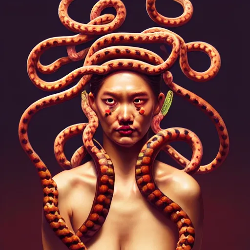 Prompt: medusa with sausages instead of snakes. replace snakes with sausages. intricate abstract. intricate artwork. by tooth wu, wlop, beeple, dan mumford. trending on artstation, greg rutkowski very coherent symmetrical artwork. cinematic, hyper realism, high detail, octane render, 8 k, iridescent accents