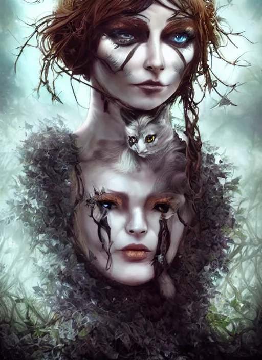 Prompt: medieval female warrior, green eyes, dark forbidden forest, wolves, white cat, in the style of Lecouffe-Deharme and Natalie Shau