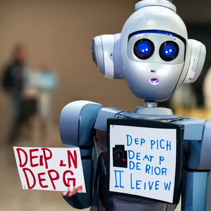 Prompt: a robot holding a sign that reads deep learning