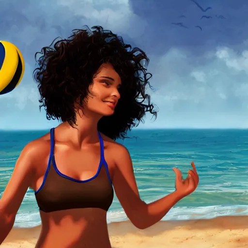 Image similar to A brown girl with black curly hair playing beach volleyball at the beach, highly detailed, artstation, 8k,