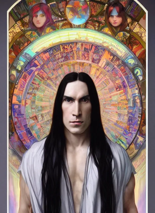 Image similar to a muscular man with long black hair and pale skin. he is wearing a white royal robe. i'm the background, rainbow colors swirl around him. chromatic light. portrait painting by artgerm and greg rutkowski and alphonse mucha.