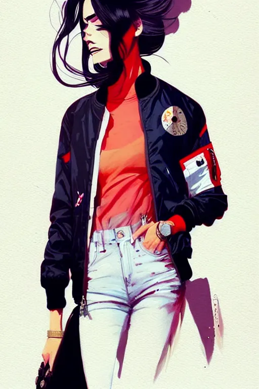 Prompt: a ultradetailed beautiful painting of a stylish woman wearing a bomber jacket, by conrad roset, greg rutkowski and makoto shinkai trending on artstation