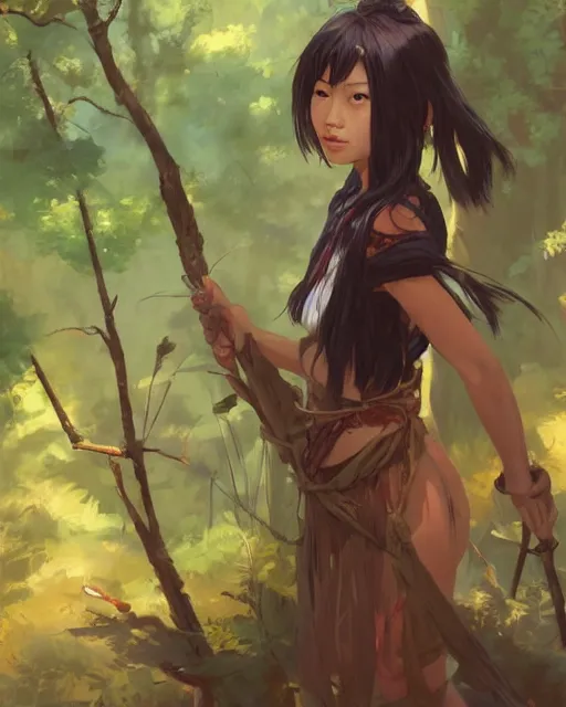 Image similar to an asian tribeswoman woman standing in the woods. By Makoto Shinkai, Stanley Artgerm Lau, WLOP, Rossdraws, James Jean, Andrei Riabovitchev, Marc Simonetti, krenz cushart, Sakimichan, D&D trending on ArtStation, digital art.