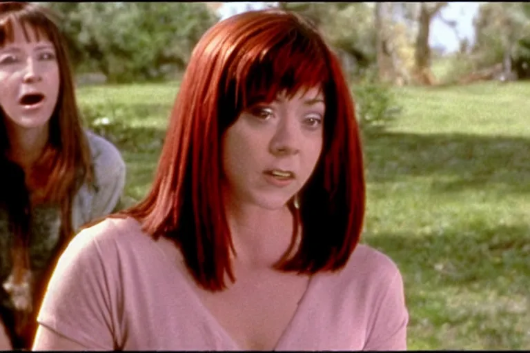 Prompt: screenshot from horror movie, with young alyson hannigan