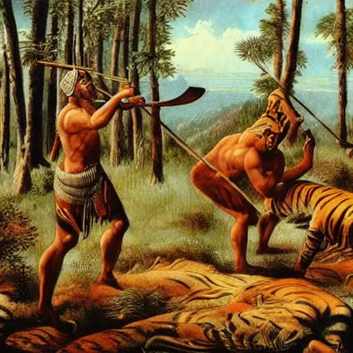 Prompt: ancient humans hunting a tiger with wooden spears through a pine forest.