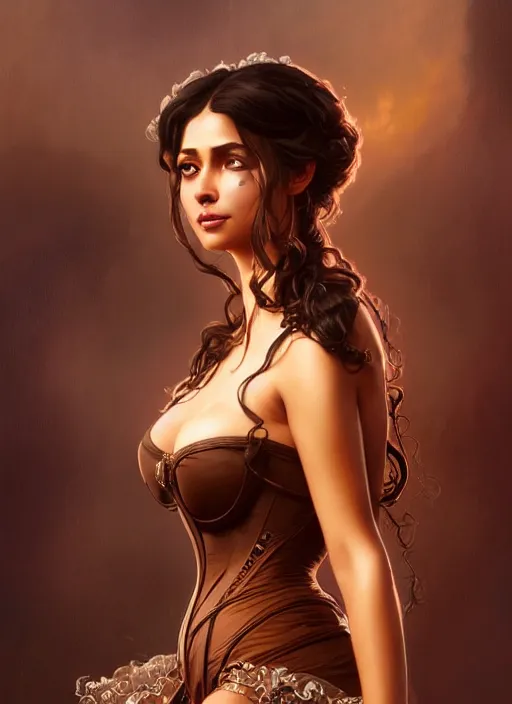 Prompt: cute brown woman wearing a translucent corset dress, fantasy, intricate, highly detailed, digital painting, artstation, concept art, wallpaper, smooth, sharp focus, illustration, art by artgerm and greg rutkowski and alphonse mucha