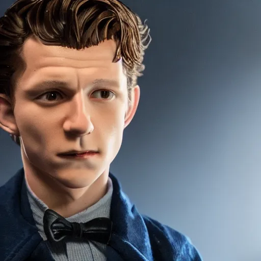 Image similar to tom holland as a rough dirty old man with a scruffy beard in a dark blue trenchcoat as the new doctor who, cinematic, volumetric lighting, f 8 aperture, cinematic eastman 5 3 8 4 film, photorealistic