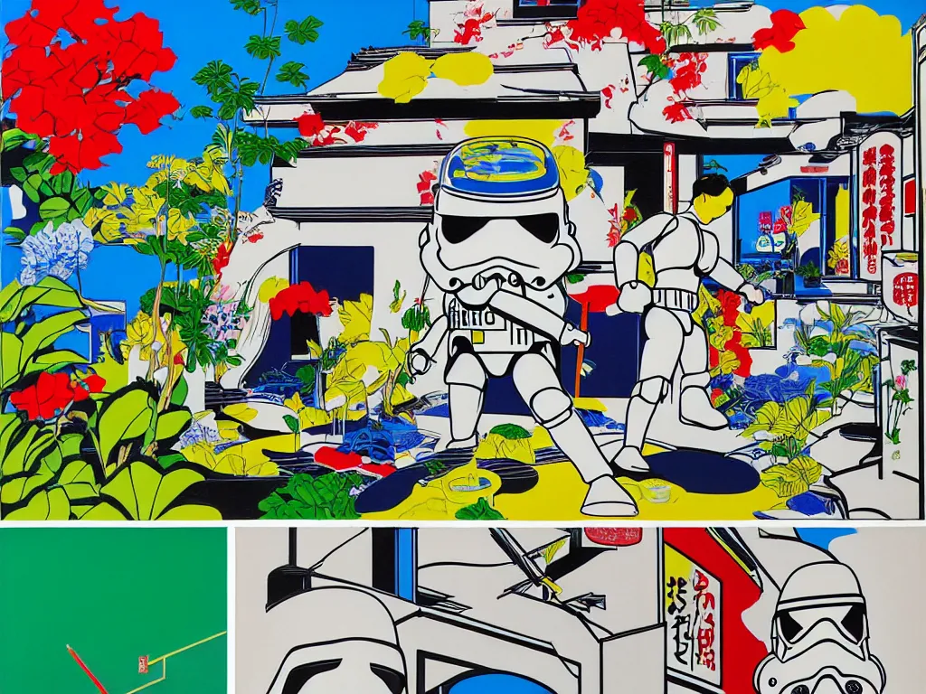 Image similar to hyperrealistic composition of the japanese home with a garden, stormtrooper in hot springs, pop - art style, jacky tsai style, andy warhol style, roy lichtenstein style, rich palette, acrylic on canvas