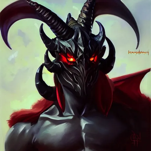 Image similar to Greg Manchess portrait painting of a horned, demonic, devil dragon armored character from league of legends, medium shot, asymmetrical, profile picture, Organic Painting, sunny day, Matte Painting, bold shapes, hard edges, street art, trending on artstation, by Huang Guangjian and Gil Elvgren and Sachin Teng