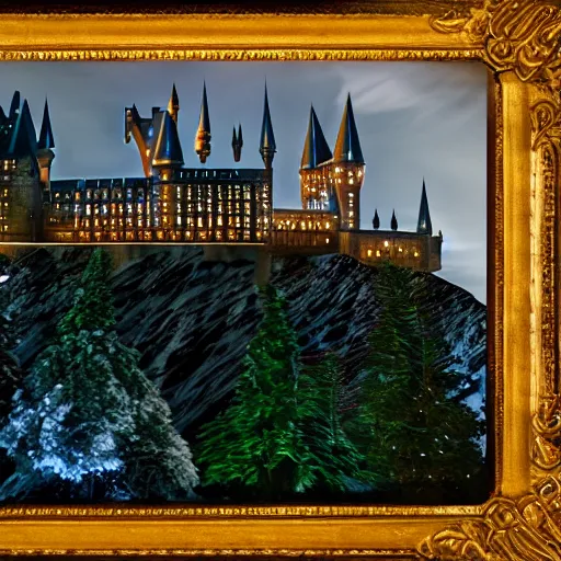 Prompt: photograph of hogwarts at night, highly detailed, smooth, sharp focus, winter