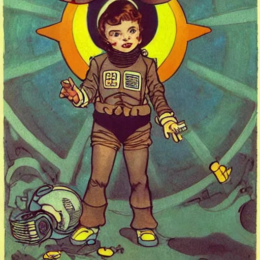 Image similar to a cute little girl with a mischievous face and short brown wavy curly hair. she is dressed as an astronaut. well composed, clean elegant painting, beautiful detailed face. comic book art by steve ditko and jack kirby and ( arthur rackham )