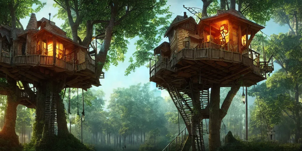 Image similar to in a treehouse city, highly detailed, 8 k, hdr, award - winning, octane render, artstation, volumetric lighting