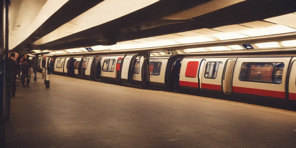 Image similar to photo, london underground, 5 0 mm f / 1. 4, cinestill 8 0 0,