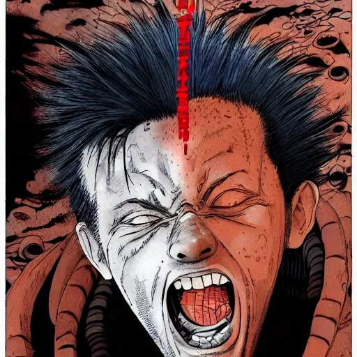 Image similar to full page illustration of tetsuo open mouth, showing a pill on his tongue, by Katsuhiro Otomo, 8k, hd, high resolution print