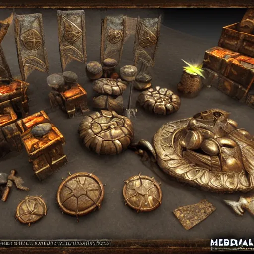 Image similar to mediaval magical weapons, plataform game, various items, dwarf intricate detail dramatic rtx on epic render dynamic lighting