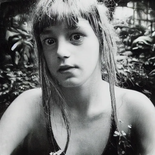 Prompt: grainy head to shoulder portrait Polaroid film photograph of a small magical fairy in a tropical greenhouse. looking at the camera!!. super resolution. surreal. Extremely detailed. Polaroid 600 film. by Annie Leibovitz and Richard Avedon