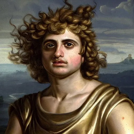 Image similar to A 17th century Baroque Painting of Alexander the Great, portrait of Alexander the Great, grainy, realistic, very realistic, hyperrealistic, highly detailed, very detailed, extremely detailed, very neat, very epic, very cool, detailed, trending on artstation