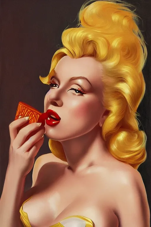 Prompt: a blond mix between Marilyn Monroe and Jessica Rabbit, eating a resplendent piece of cheese, golden hour, artstation, by J. C. Leyendecker and Peter Paul Rubens,