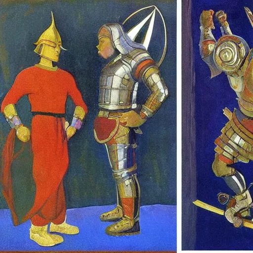 Image similar to a painting of shining metal medieval armors by nicholas roerich, by frank frazetta, by amazon, by georgia o keeffe, reflective metallic