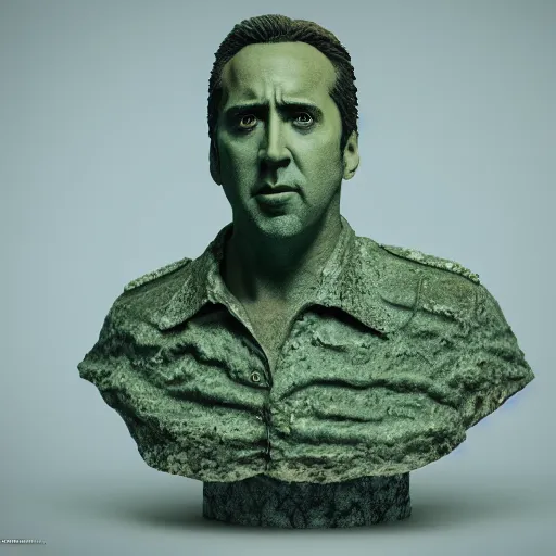 Image similar to Nicolas Cage mossy statue, green moss all over, bottom of the ocean, deep ocean, bottom of ocean, dark, 35mm, fish, 4k, detailed, photorealistic, photo, unreal engine 5,