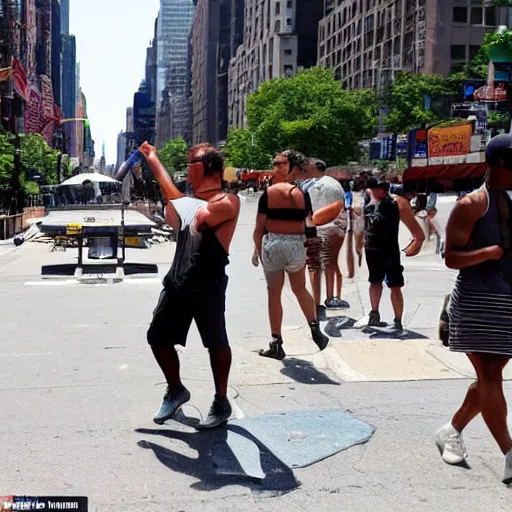 Prompt: scorching hot day in the middle of new york city, people sweating and heat waves rise from the streets
