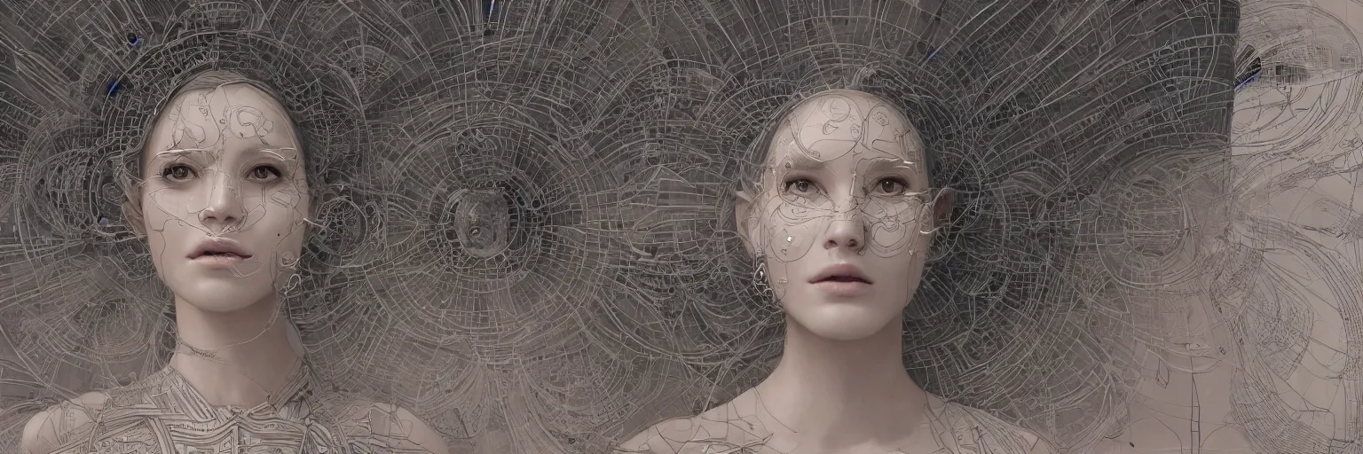 Prompt: The face of a very beautiful goddess radiating an artwork made from layers of technical drawings and architectural plans, very detailed and intricate with callout texts, leaders, arrows and bubbles by James Jean and Ross Tran and WLOP , hyperrealism, subsurface scattering, octane render, bokeh, 8k, xparticles