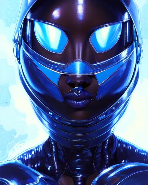 Image similar to Portrait of very very very very very very beautiful black woman, spacesuit, futuristic cybernetic helmet, blue eyes, real life skin, intricate, elegant, highly detailed, artstation, concept art, smooth, sharp focus, art by artgerm and greg rutkowski and alphonse mucha