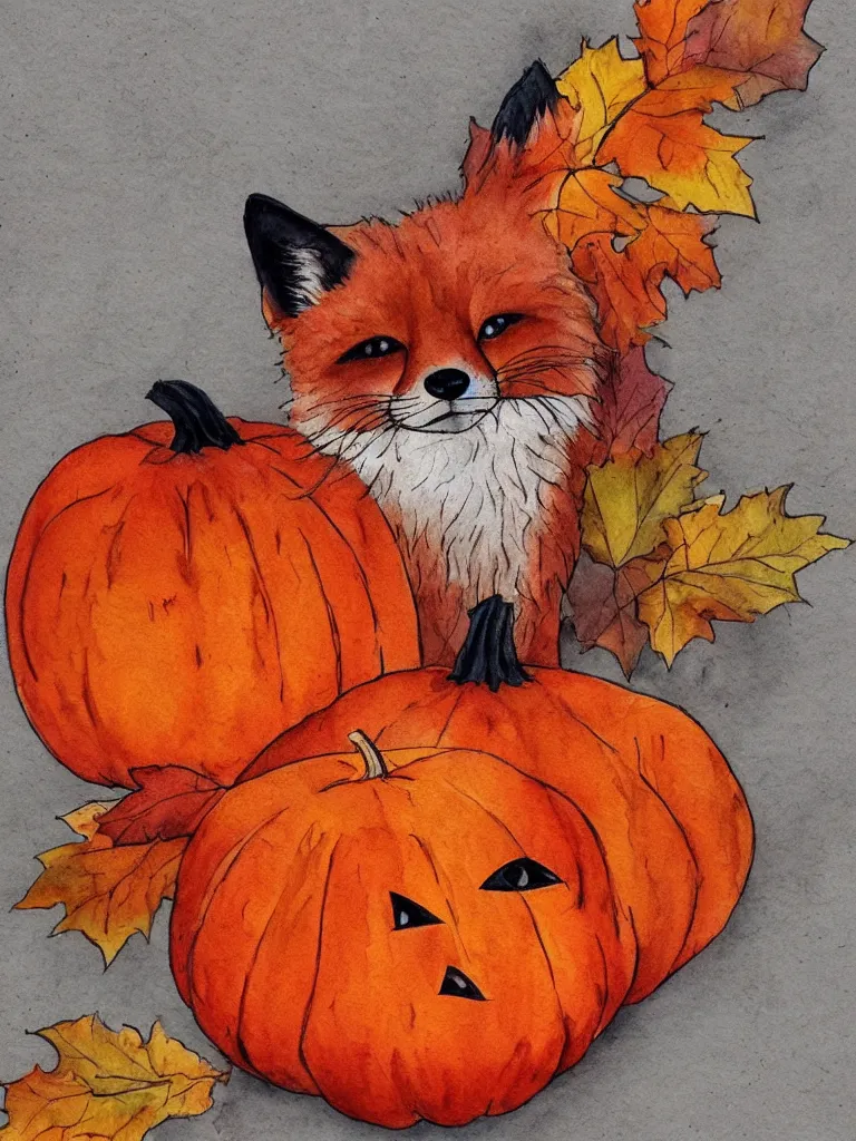 Image similar to autumn fox pumpkin watercolor by arti chauhan trending on artstation