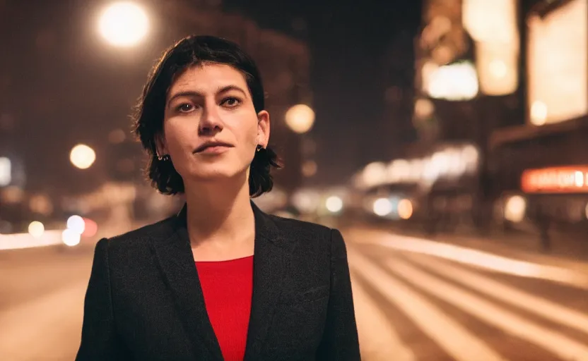 Image similar to a wide shot of a woman with a wool suit, very short hair, blurred face, wearing an omega speedmaster on her wrist in front of a crowded dystopian city full of people walking at night with fog and cyberpunk lights