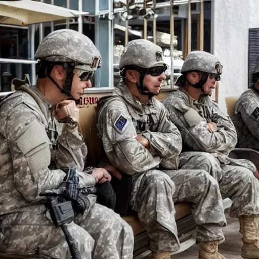 Image similar to a group of special forces soldiers sitting at the cafe and drinking coffee