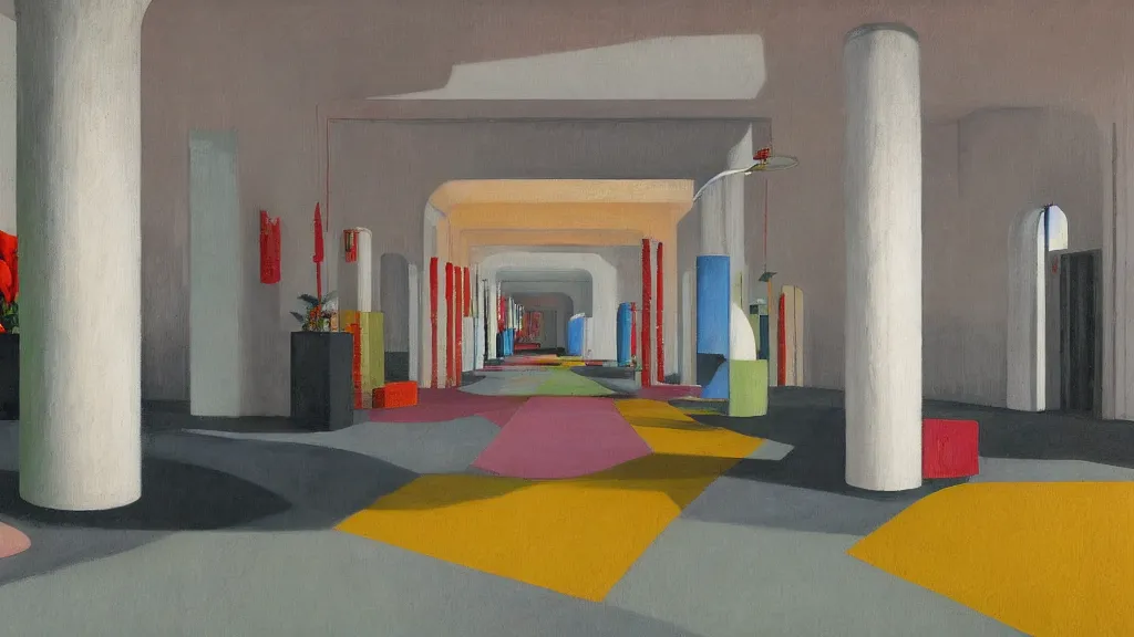 Prompt: colorful minimalist industrial interior hallway with monolithic pillars in the style of ridley scott and stanley kubrick, impossible stijl architecture, bed of flowers on floor, ultra wide angle view, realistic detailed painting by edward hopper