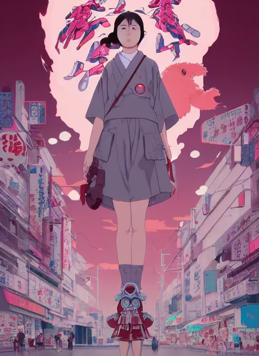 Image similar to Artwork by James Jean, Phil noto and hiyao Miyazaki; a young Japanese future samurai police girl named Yoshimi battles an enormous looming evil natured soft carnivorous pink robot on the streets of Tokyo; Japanese shops and neon signage; crowds of people running; Art work by studio ghibli, Phil noto and James Jean