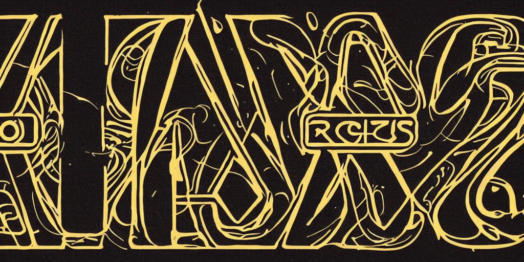 Image similar to 70s progressive rock logo named Ellus, typography, word, Rush band, Tool band, Eloy band, white font on black canvas