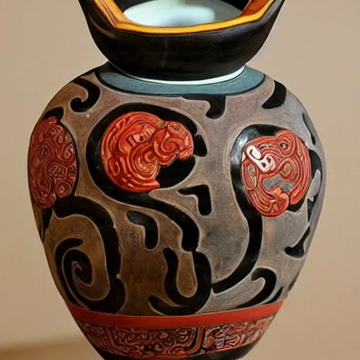 Image similar to vase work, Ancient vase art of Sullivan, mosters inc in art style of chinese art, fragmented clay firing chinese vase with an James P. Sullivan in the style of ancient chinese art, ancient chinese art!!!!! chinese art