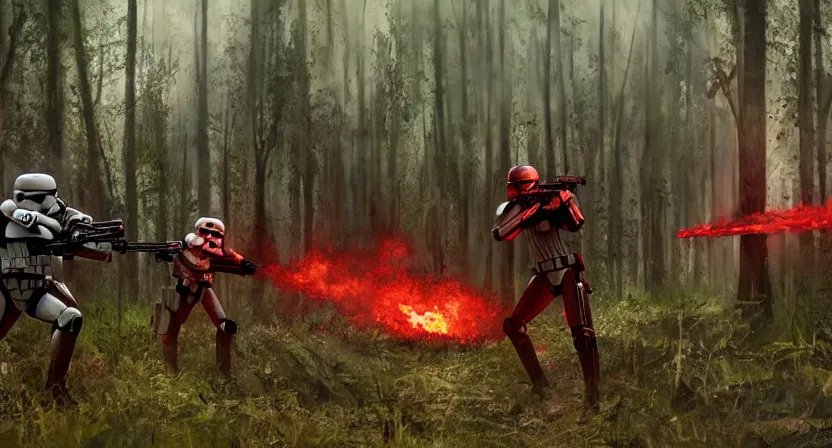 Image similar to imperial stormtroopers shooting red blaster bolts in barren lifeless forest with burned trees concept art by Doug Chiang cinematic, realistic painting, high definition,very detailed, extremely high detail, photo realistic, concept art, unreal engine 5, the Mandalorian concept art style