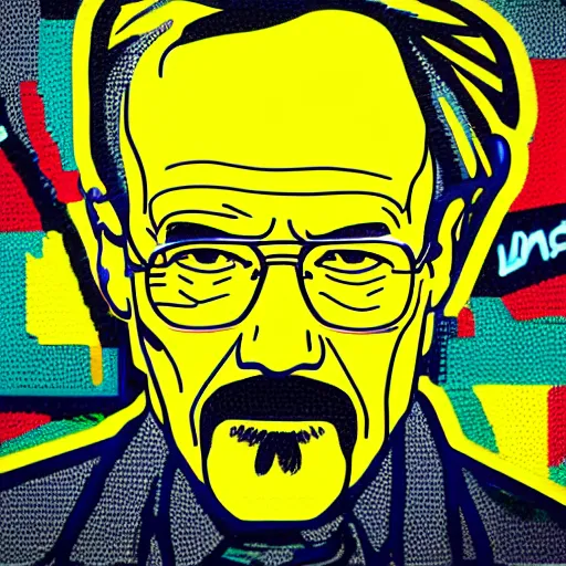 Image similar to multicolor 3 d render of walter white graffiti wearing yellow outfit by roy lichtenstein in 4 k ultra high resolution, with depressive feeling