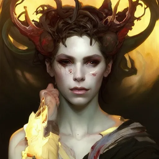 Image similar to beautiful painted portrait of a demon lord, 4k artwork, trending on artstation, octane render, art by artgerm and greg rutkowski and alphonse mucha and craig mullins and James Jean and Andrei Riabovitchev and Marc Simonetti and peter mohrbacher