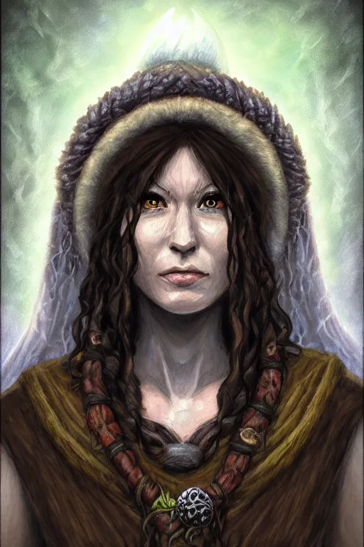 Prompt: head and shoulders portrait of a druid, female, high fantasy, dnd