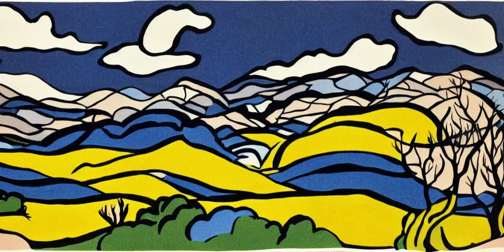 Image similar to landscape illustration in the style of roy lichtenstein