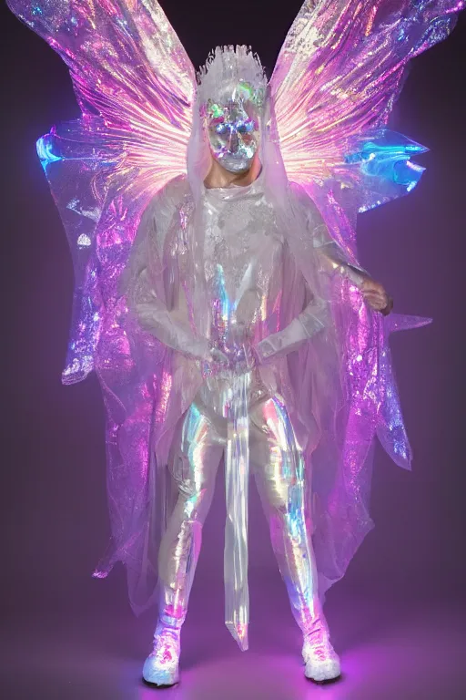 Prompt: full-body rococo and cyberpunk delicate crystalline sculpture of a muscular iridescent Bad Bunny as a humanoid deity wearing a thin see-through plastic hooded cloak sim roupa, posing like a superhero, glowing pink face, crown of white lasers, large diamonds, swirling black silk fabric. futuristic elements. oozing glowing liquid, full-length view. space robots. human skulls. throne made of bones, intricate artwork by caravaggio. Trending on artstation, octane render, cinematic lighting from the right, hyper realism, octane render, 8k, depth of field, 3D