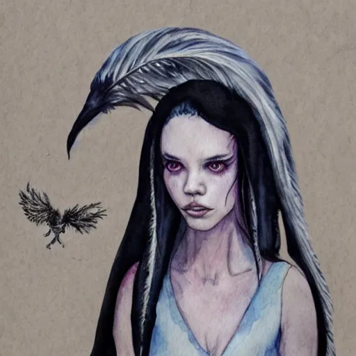 Prompt: full body detailed watercolor illustration of alien jennifer connelly mixed with anya taylor - joy, unsettling, hooded long black feathered cloak, uncanny valley, with black feathers instead of hair, gothic, tim burton, mike mignogna, gray mottled skin, space station - - ar 9 : 1 6