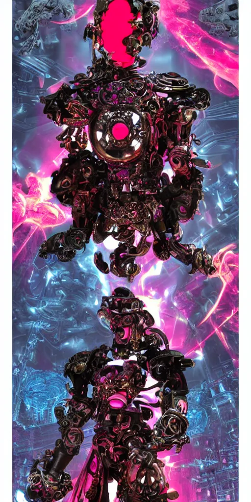 Image similar to baroque and cyberpunk style full-body sculpture of a young seductive Hispanic prince half android with a chest exposing a glowing ruby battery, glowing pink seductive laser eyes, crown of blue gears and diamonds, swirling salmon-colored silk fabric, robotic raptors dinosaurs. baroque elements. full-length view. intricate artwork by caravaggio. art by Artgerm and Greg Rutkowski and Alphonse Mucha, Trending on artstation, cinematic industrial lighting, photorealistic, octane render, 8k, depth of field, 3D