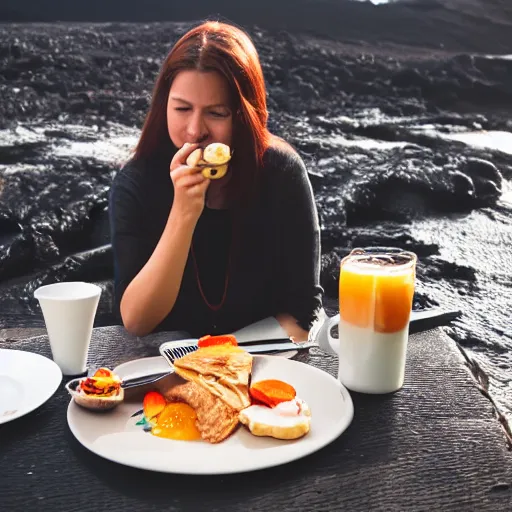 Image similar to a DSLR of a woman having breakfast next to a river of Lava, 4K